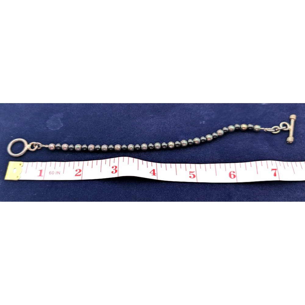 Metallic Beaded Toggle Clasp Bracelet Dark Silver Tone Round Beads 7.5 Inch